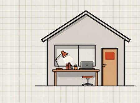 Ilustração de casa com escritório interno e placa na porta