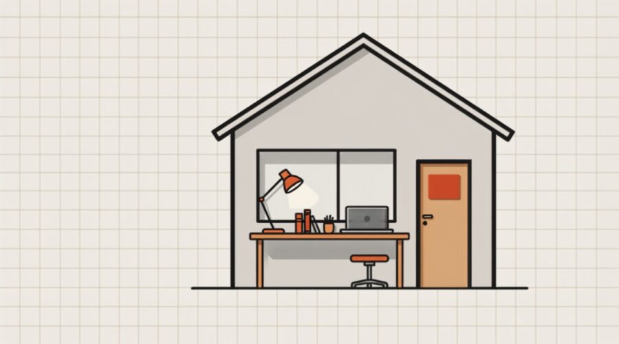 Ilustração de casa com escritório interno e placa na porta