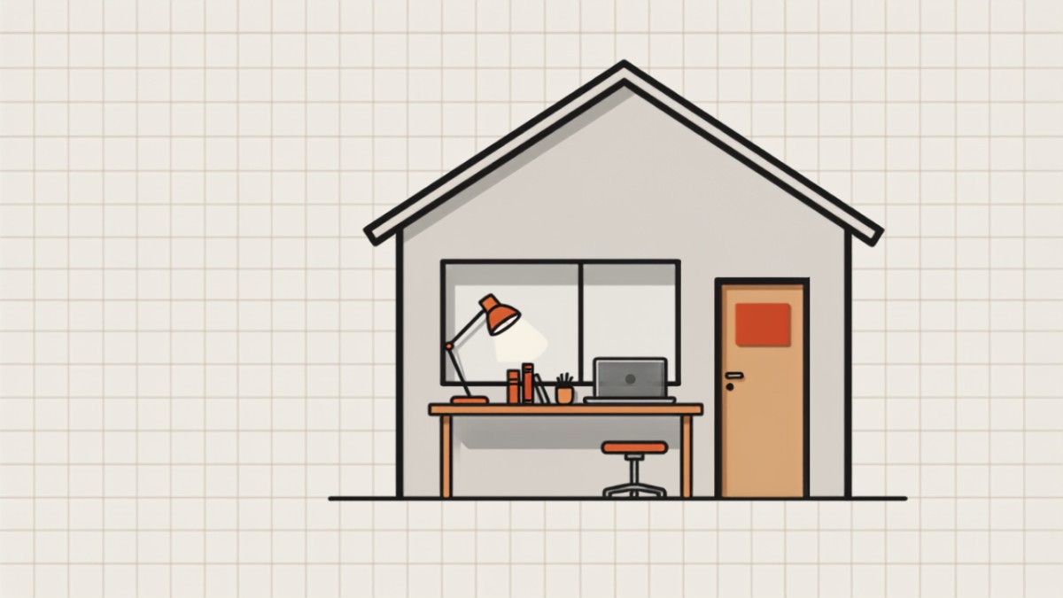 Ilustração de casa com escritório interno e placa na porta