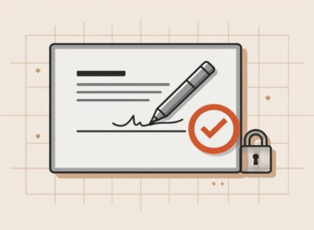 Ilustração de contrato com assinatura digital e selo de verificação