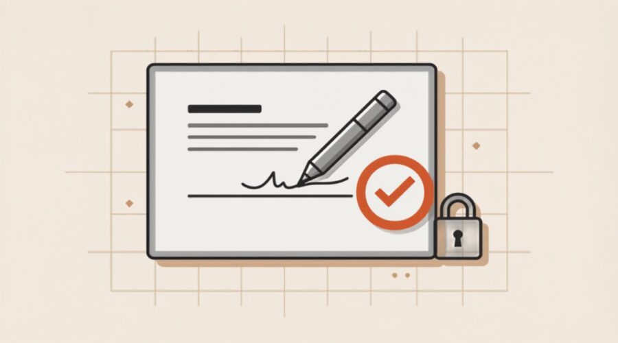Ilustração de contrato com assinatura digital e selo de verificação
