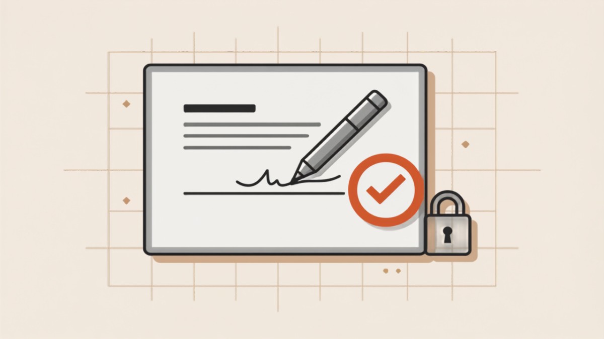 Ilustração de contrato com assinatura digital e selo de verificação