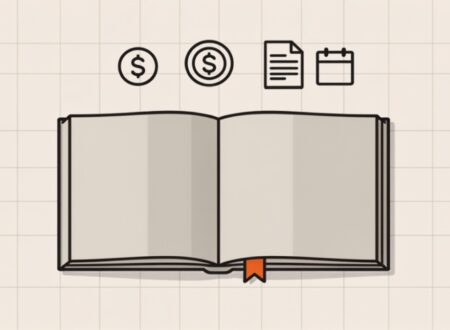 Ilustração de manual do MEI com ícones de moeda, nota fiscal e calendário