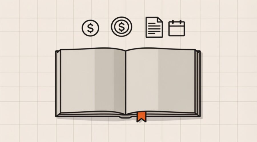 Ilustração de manual do MEI com ícones de moeda, nota fiscal e calendário