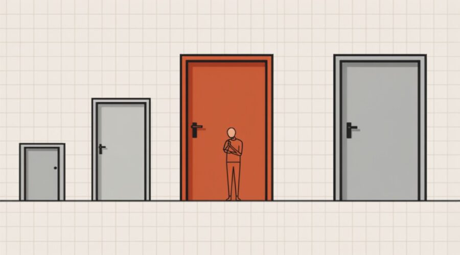 Ilustração comparando MEI, SLU e LTDA como três portas de tamanhos diferentes