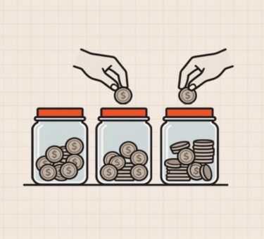 Ilustração de potes separando dinheiro para 13º, férias e impostos