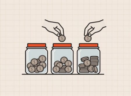 Ilustração de potes separando dinheiro para 13º, férias e impostos