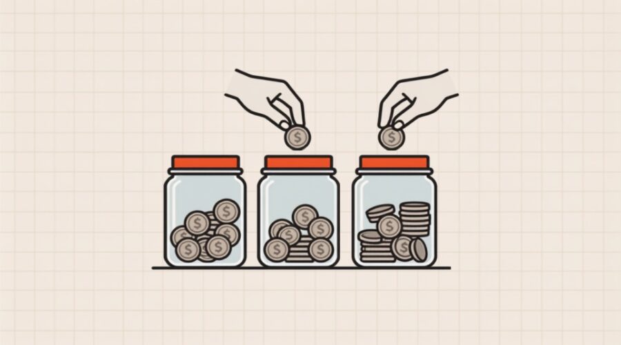 Ilustração de potes separando dinheiro para 13º, férias e impostos