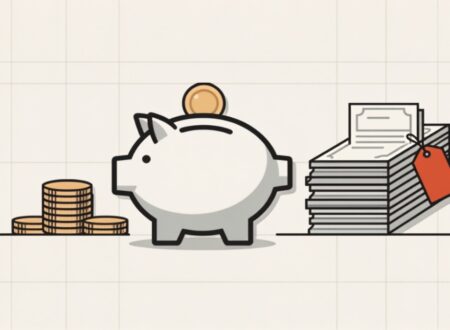 Ilustração de cofrinho, moedas e recibos com etiqueta de preço