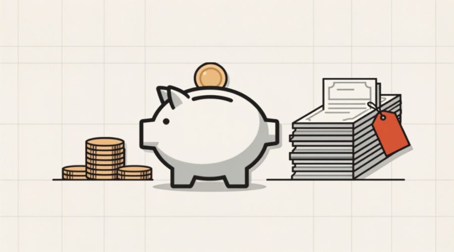 Ilustração de cofrinho, moedas e recibos com etiqueta de preço