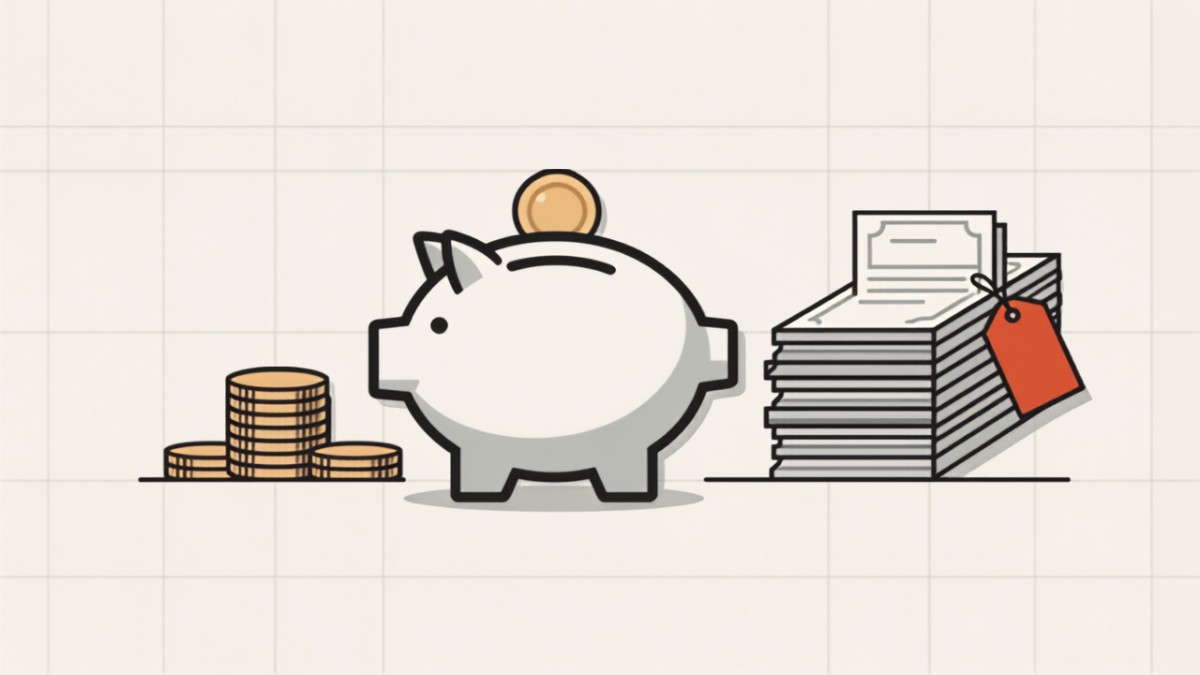 Ilustração de cofrinho, moedas e recibos com etiqueta de preço